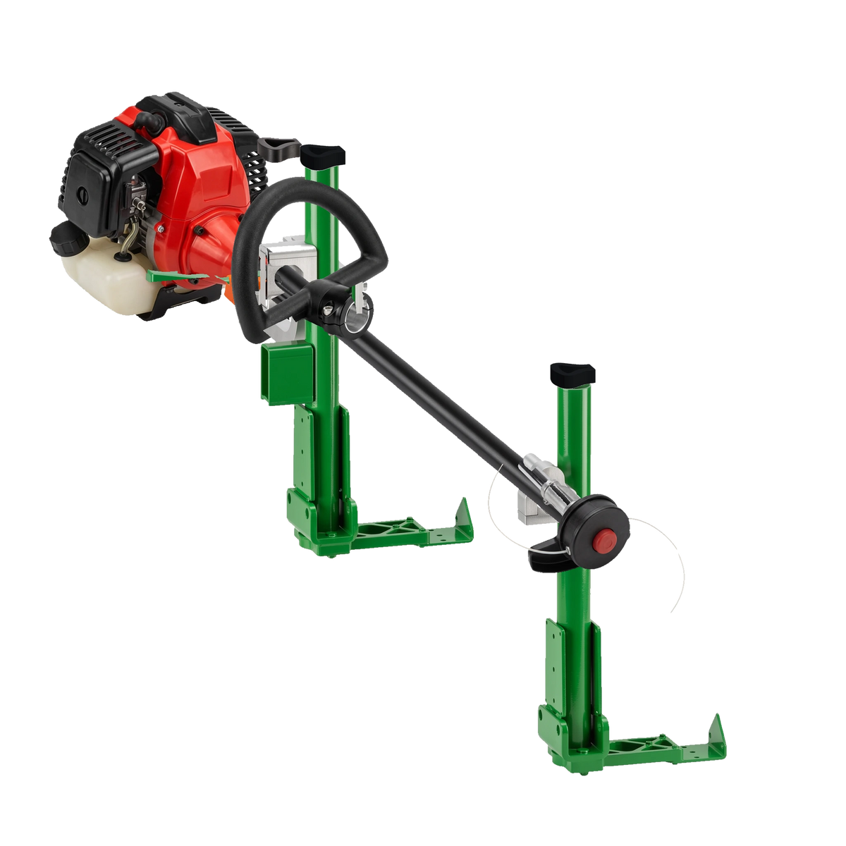 Xtreme Pro Series 1-Place Lockable Trimmer Rack (XA111) by Green Touch Industries holding a string trimmer, transparent background