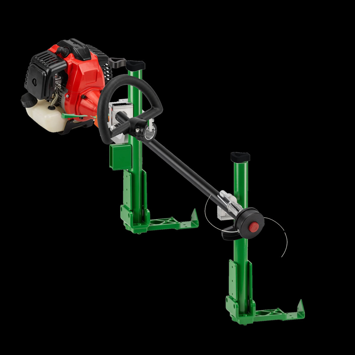 Xtreme Pro Series 1-Place Lockable Trimmer Rack (XA111) by Green Touch Industries holding a string trimmer, black background