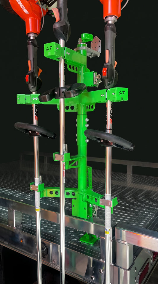 XV103 vertical trimmer rack close-up of the upper crossbar, lock, D-handles and lower crossbar