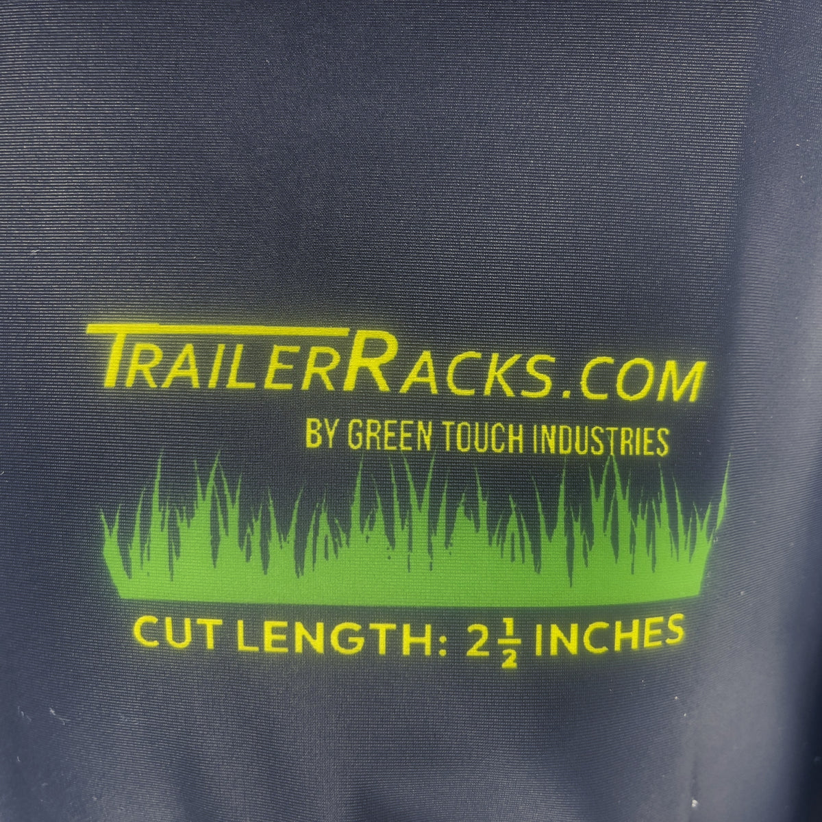 Close-up of the chest logo reading TrailerRacks.com by Green Touch Industries, cut length 2 1/2 inches
