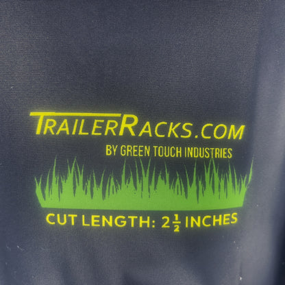 Close-up of the chest logo reading TrailerRacks.com by Green Touch Industries, cut length 2 1/2 inches