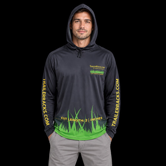 DS100 Crew Protection Skin Guard work shirt worn hood up, front view, black with yellow TrailerRacks.com sleeve print